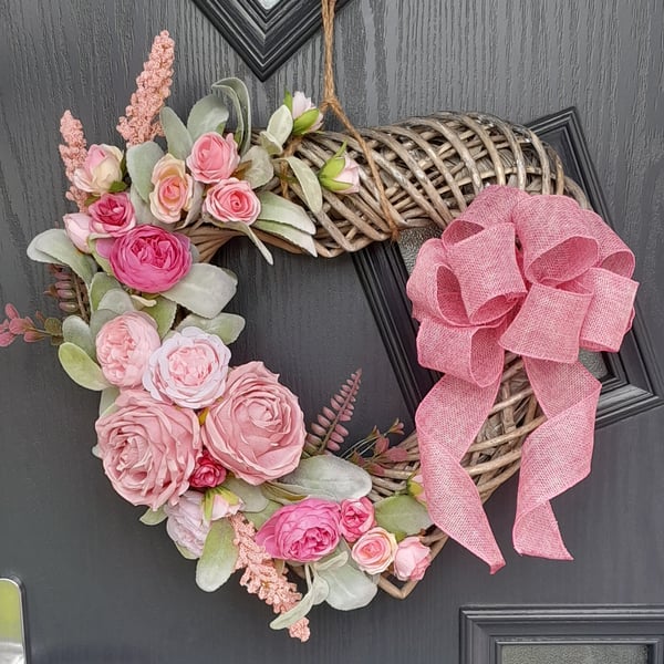 Pink Floral heart wreath, door wreath, home decor, grey wicker heart, wall hang