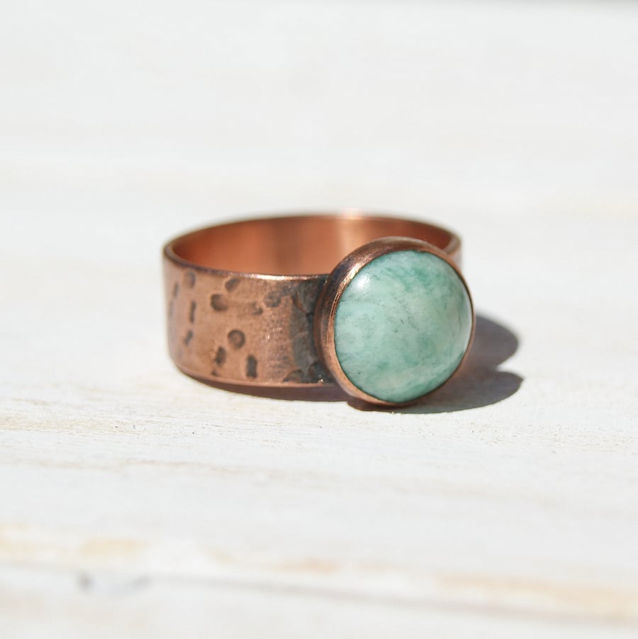 Copper Ring Size P.25 or 7.75, Green Gemstone Ring, Russian Amazonite Ring