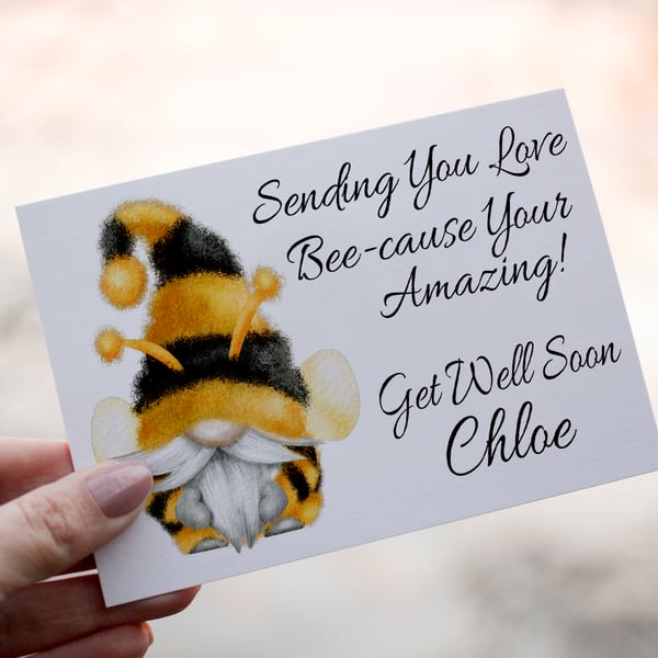 Bee Gnome Get Well Soon Card, Gnome Get Well Card, Personalized Card