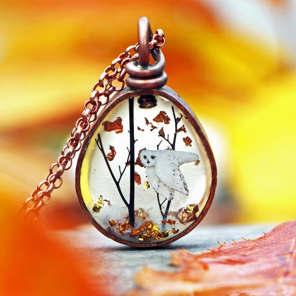Copper Resin Owl Autumn Pendant Necklace 