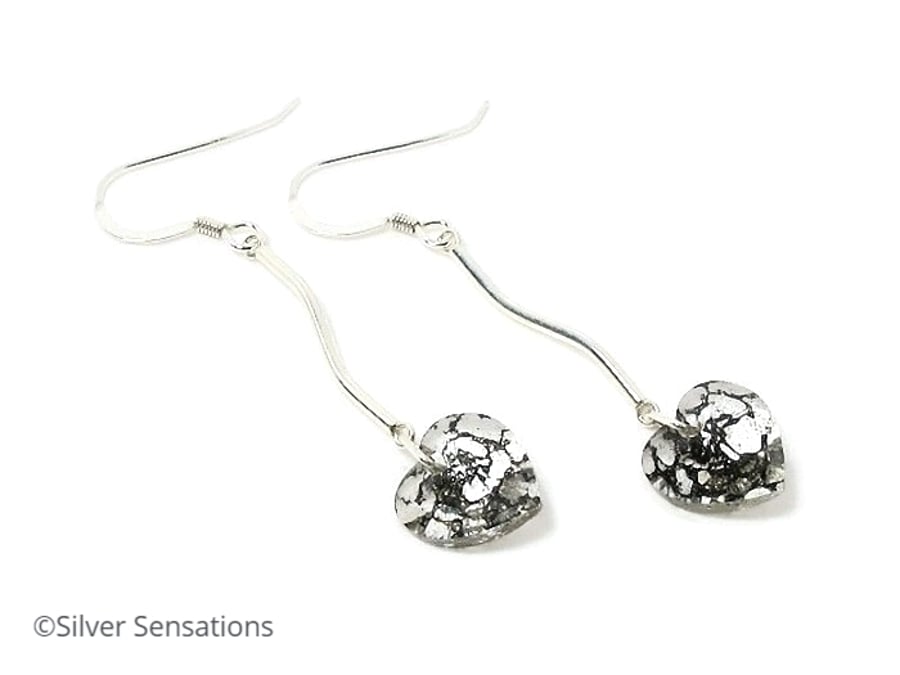 Sterling Silver Bar Earrings With Sparkly Black & Clear Heart Crystals