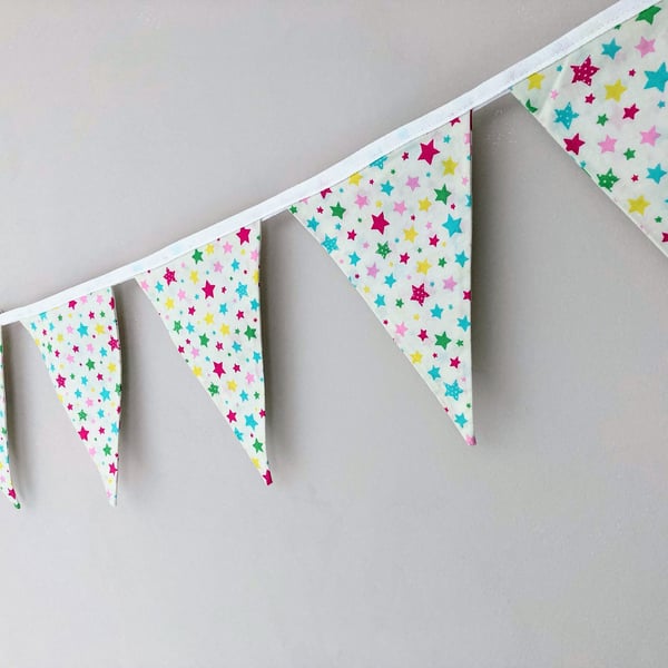 Multicoloured Stars on Cream Double Sided Cotton Fabric Bunting.