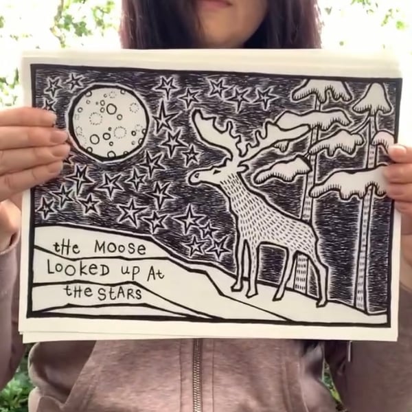 Moose and Stars Giclee Print, Unique Animal Art