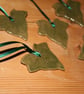Handmade green ivy stoneware ceramic hanging decoration with green ribbon - Image 3