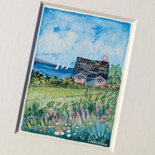 Miniature Sailboat Cottage - Original miniature. A5 Mounted