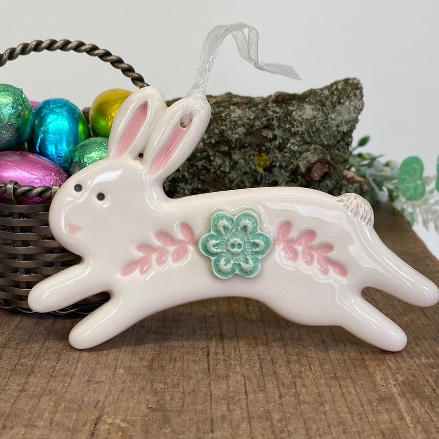 Ceramic Leaping Easter Bunny decoration blue flower