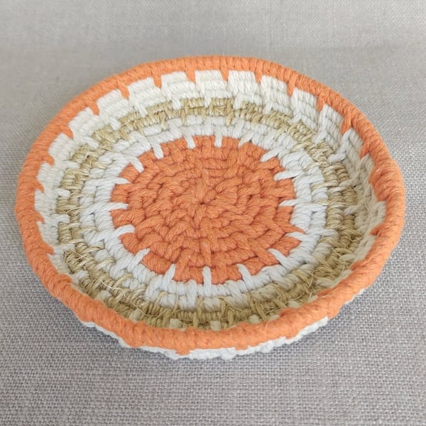Orange Trinket Bowl Cotton & Sisal Macrame Coiled Basket 14.5cm