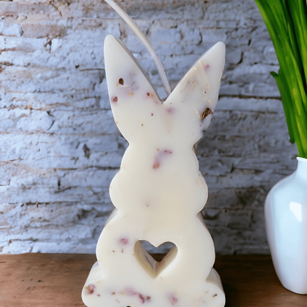 White soy wax Easter Bunny candle with dried petals 