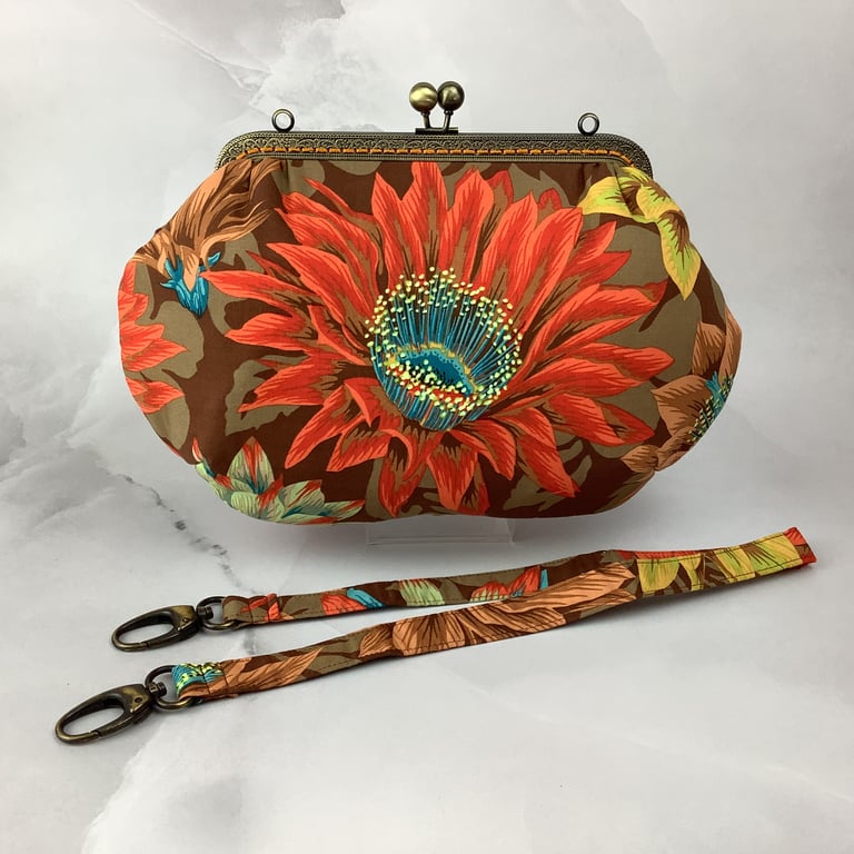 Floral medium clutch bag, Flower kiss clasp bag, detachable strap, Handmade
