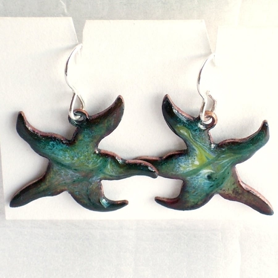Enamel earrings - starfish: white and gold over turquoise