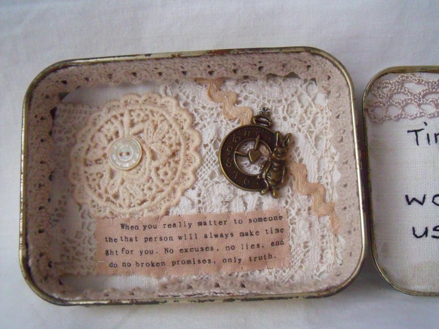 time tin diorama, small keepsake miniature art in a tobacco tin. 