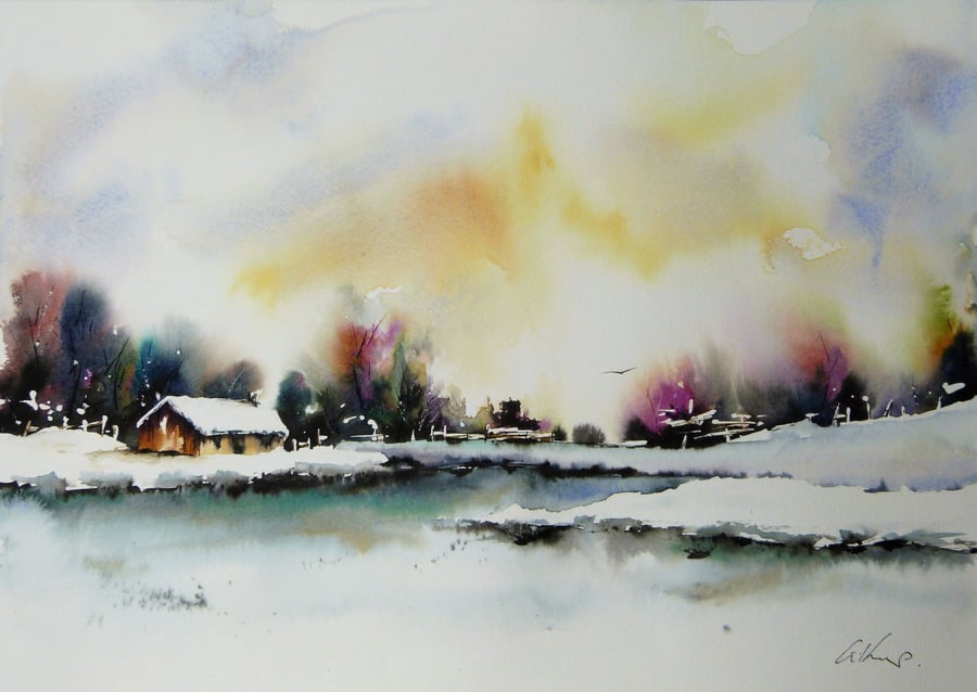 Frozen River, Original Watercolour Painting.