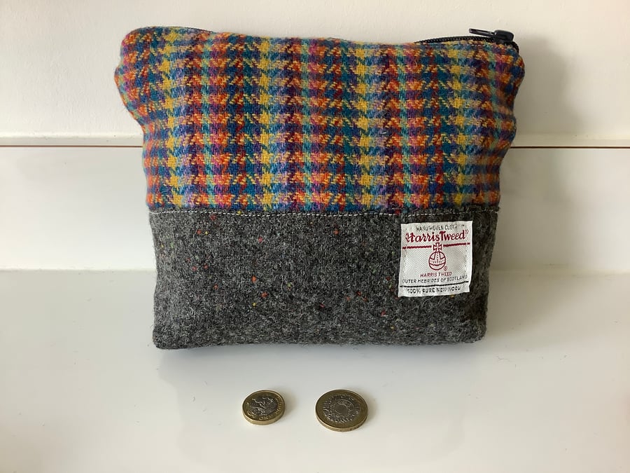 Multi colour Check with Grey Speckle bottom half ,Harris Tweed Bag  ,Zip pouch