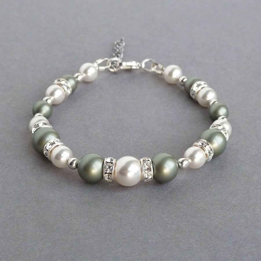 Dusty Green Pearl and Crystal Bracelet - Sage Green Bridesmaids Bracelets