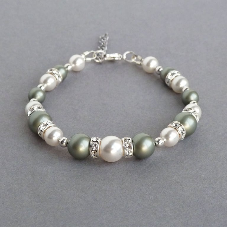 Dusty Green Pearl and Crystal Bracelet - Sage Green Bridesmaids Bracelets