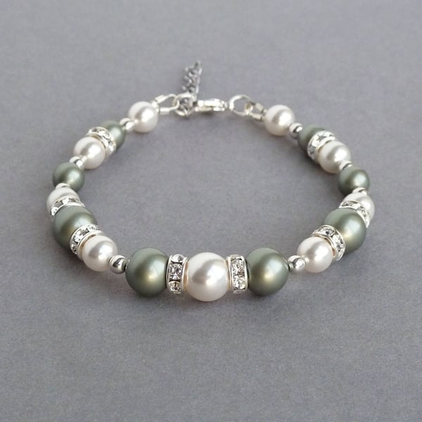 Dusty Green Pearl and Crystal Bracelet - Sage Green Bridesmaids Bracelets