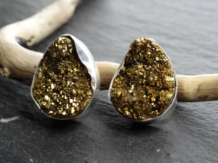 Gold pear shaped druzy studs, set in sterling silver