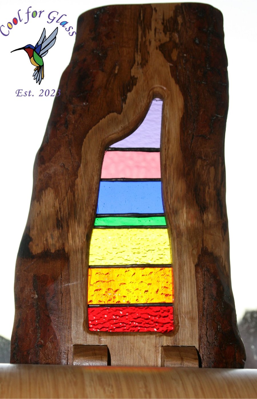 Stained glass 'Chakra' sun catcher with solid ash wood feature frame