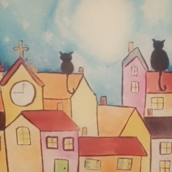Colourful Houses and Cats Glass Chopping Board 30cm x 40 cm