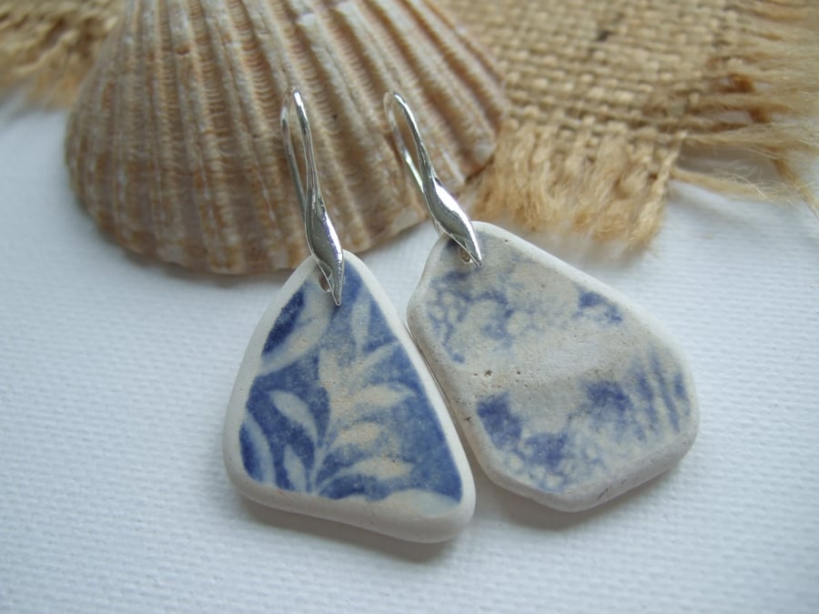 Scottish sea pottery blue jewellery, blue willow pattern sterling silver pottery