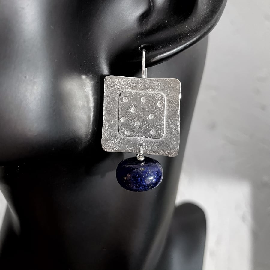 Sterling silver square earrings with lapis lazuli beads