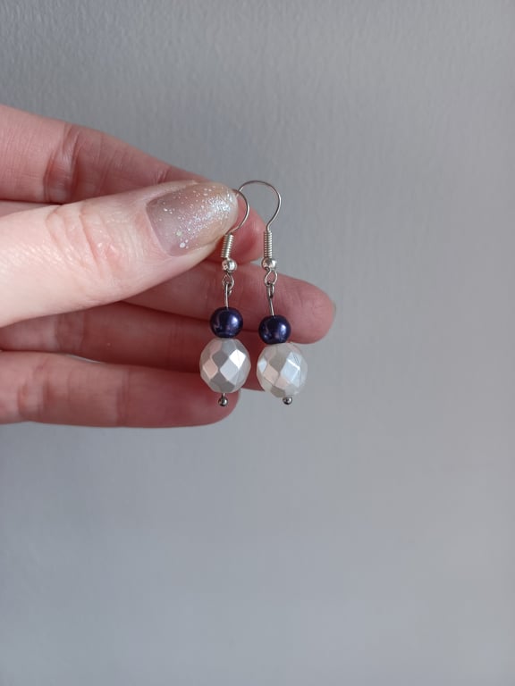 White pearlescent bead & purple pearl bead drop earrings