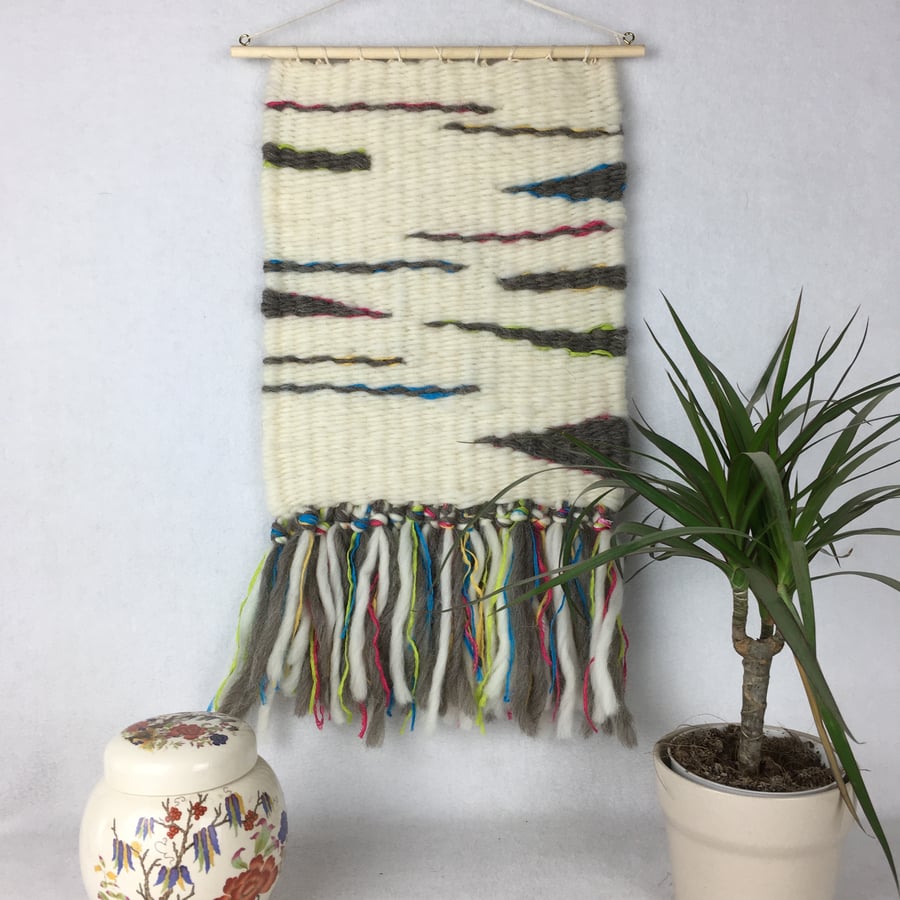 Wall hanging, peg woven in natural shades of wool with  silk strands - SALE ITEM
