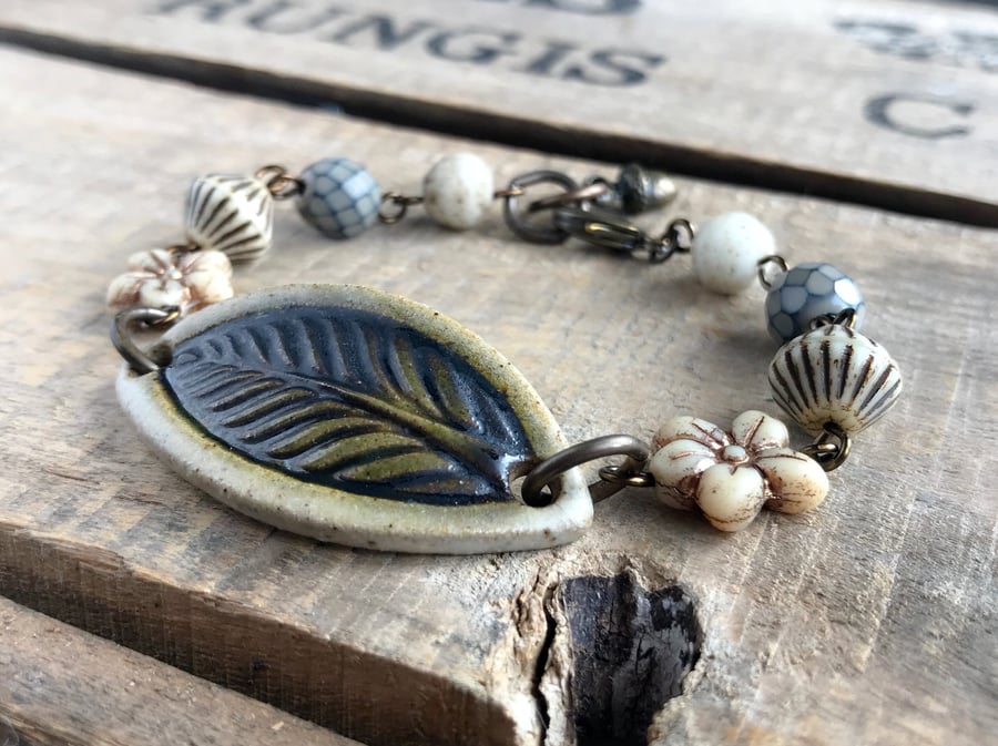 Rustic Ceramic Leaf Bracelet. Artisan Ceramic Bracelet. Woodland Bracelet