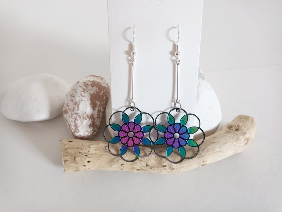 Multicolour Stainless Steel Etched Metal Flower Earrings