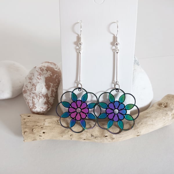 Multicolour Stainless Steel Etched Metal Flower Earrings