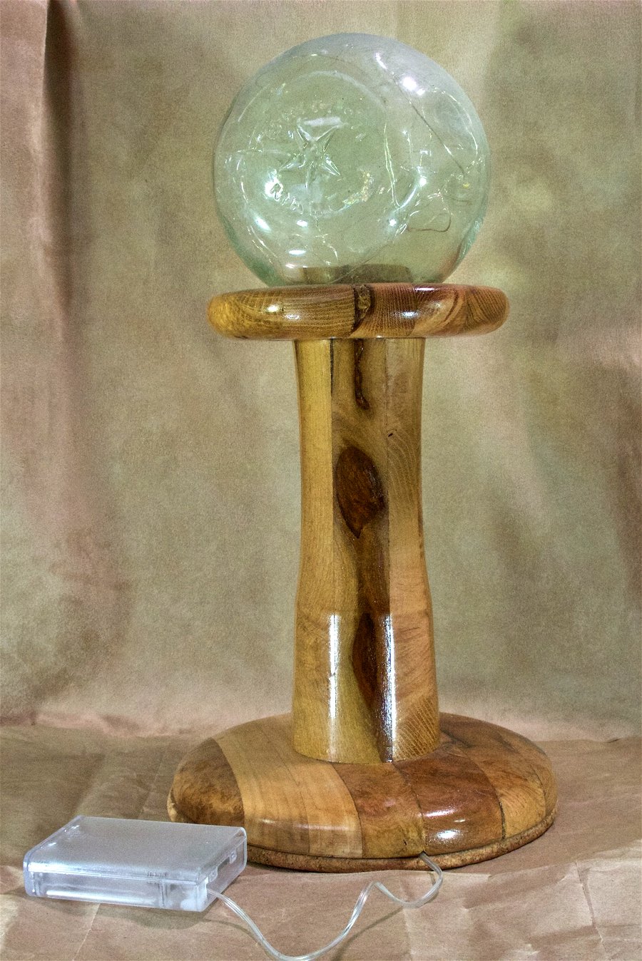 Unique table lamp, LEDs, turned wood glass fishing float made by the sea. PR478