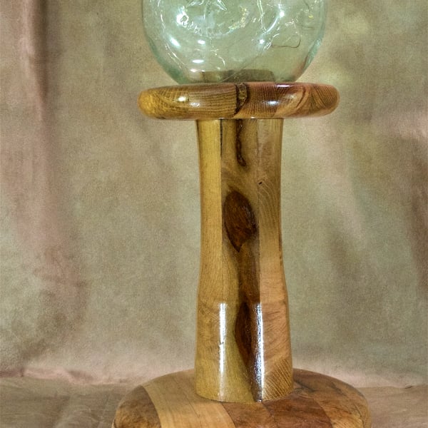 Unique table lamp, LEDs, turned wood glass fishing float made by the sea. PR478