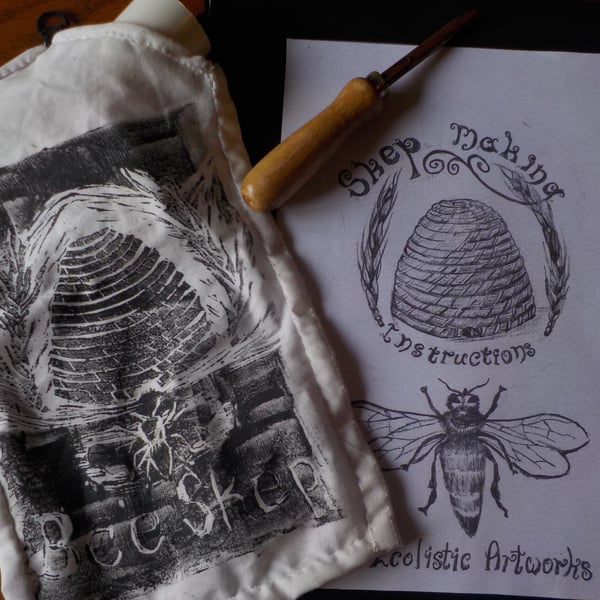 Bee Skep, hive, skep making tools and  hand printed bag, original design