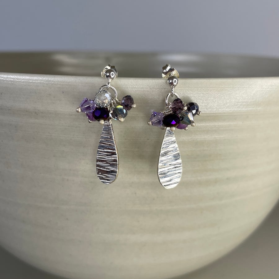 Sterling silver teardrop and mixed purple tone glass beaded cluster earrings