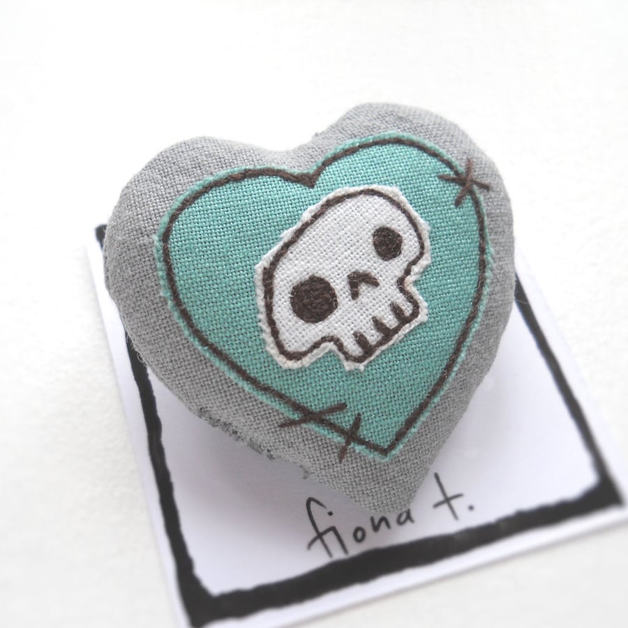 freehand embroidered skull heart textile brooch sage green