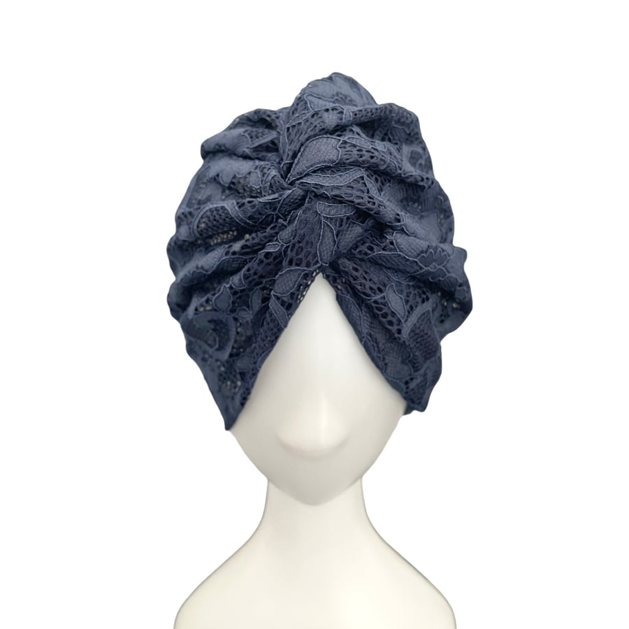 Stylish Navy Blue Lace Turban Hat Head Wrap Hair Loss Headwear for Women