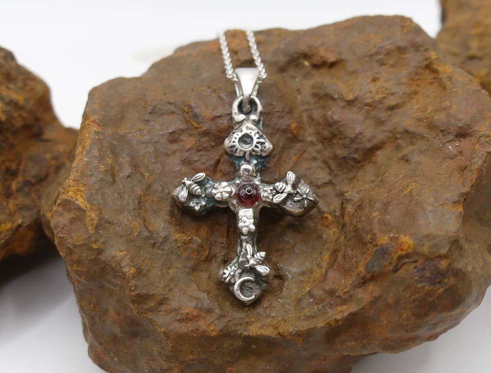 Sterling Silver Cross Pendant, Bees, Flowers, Sun & moon with Garnet Necklace.