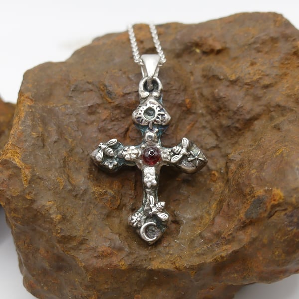 Sterling Silver Cross Pendant, Bees, Flowers, Sun & moon with Garnet Necklace.