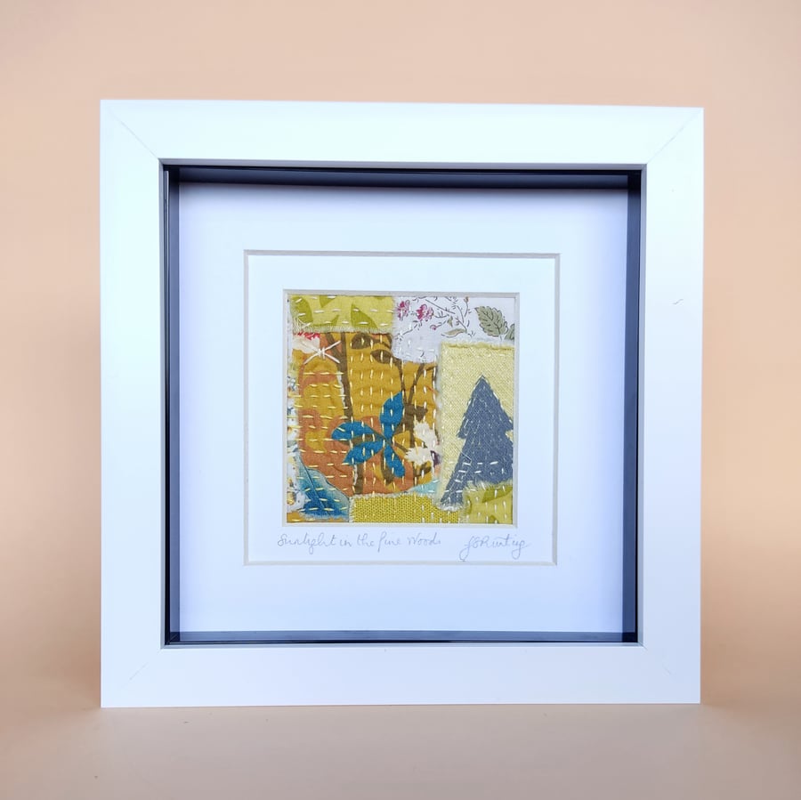 "Sunlight in the Pine Woods". Original abstract textile art. Framed picture.