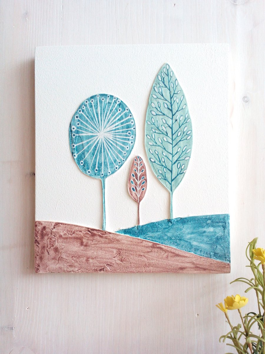 'Hills And Trees Textured Wall Art' (teal)