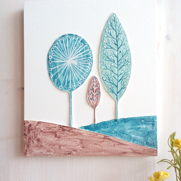 'Hills And Trees Textured Wall Art' (teal)