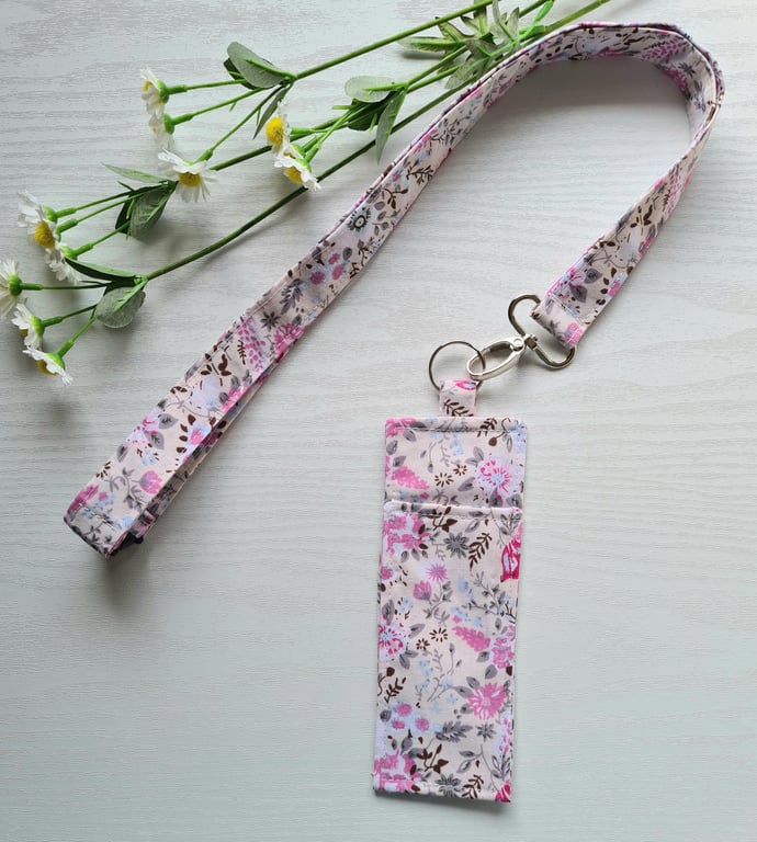 Handmade Lanyard & Pen Holder Set Pale Pink Floral Cotton