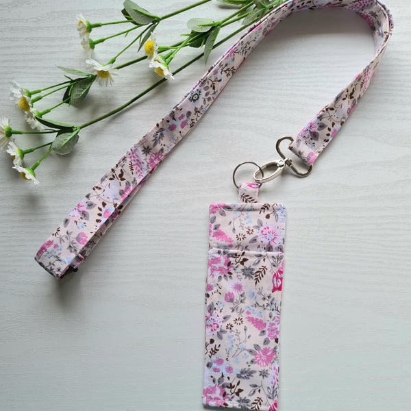 Handmade Lanyard & Pen Holder Set Pale Pink Floral Cotton