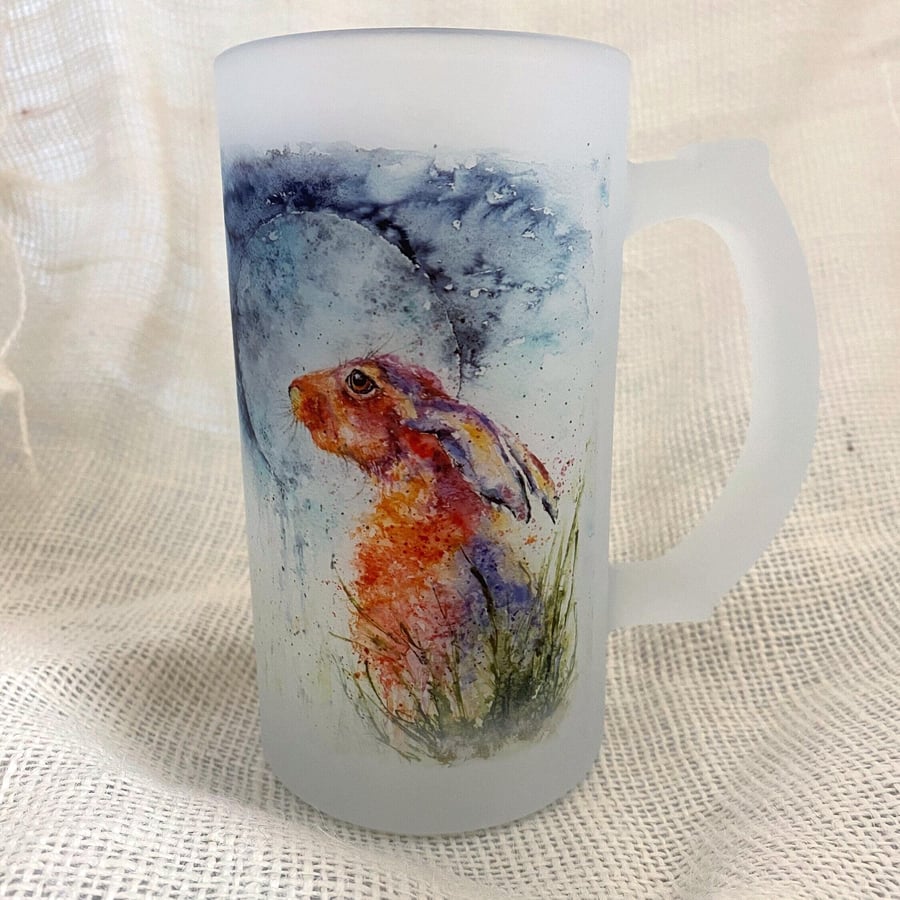 Moon Gazing Hare Frosted Beer Glass, Tankard, Stein, 500ml Drinks Glass with Han