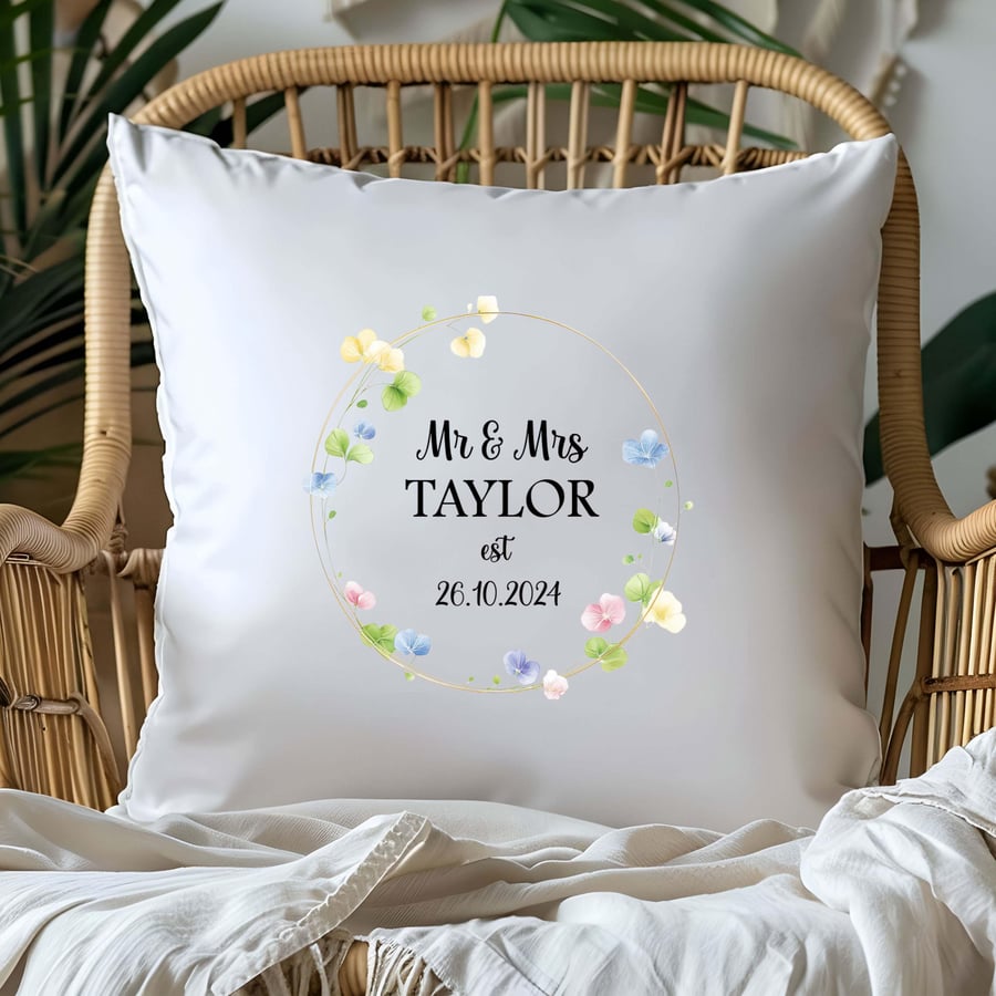 Dainty Flowers Wedding cushion personalised, Mr and Mrs gift,wedding present