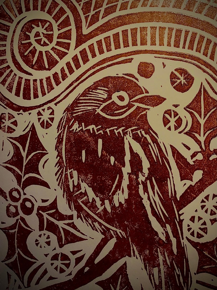 Christmas Robin. Bronze Linoprint card.