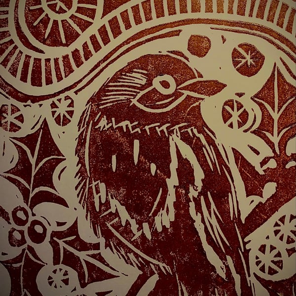 Christmas Robin. Bronze Linoprint card.