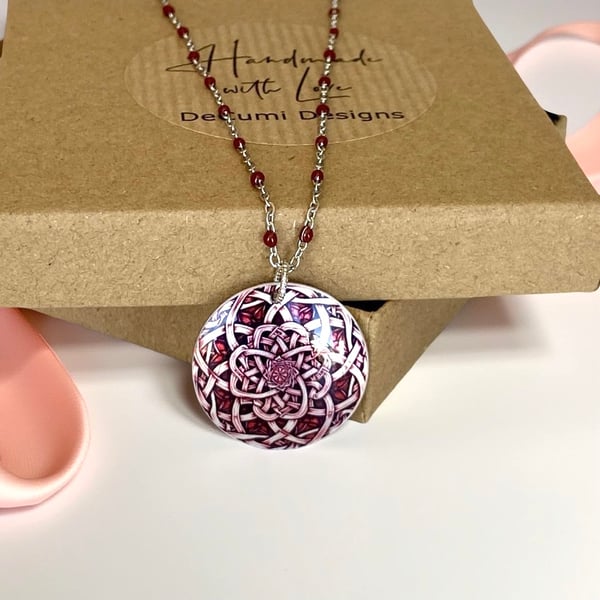 Celtic necklace, burgundy red 25mm round pendant, handmade jewellery (CP13BG)