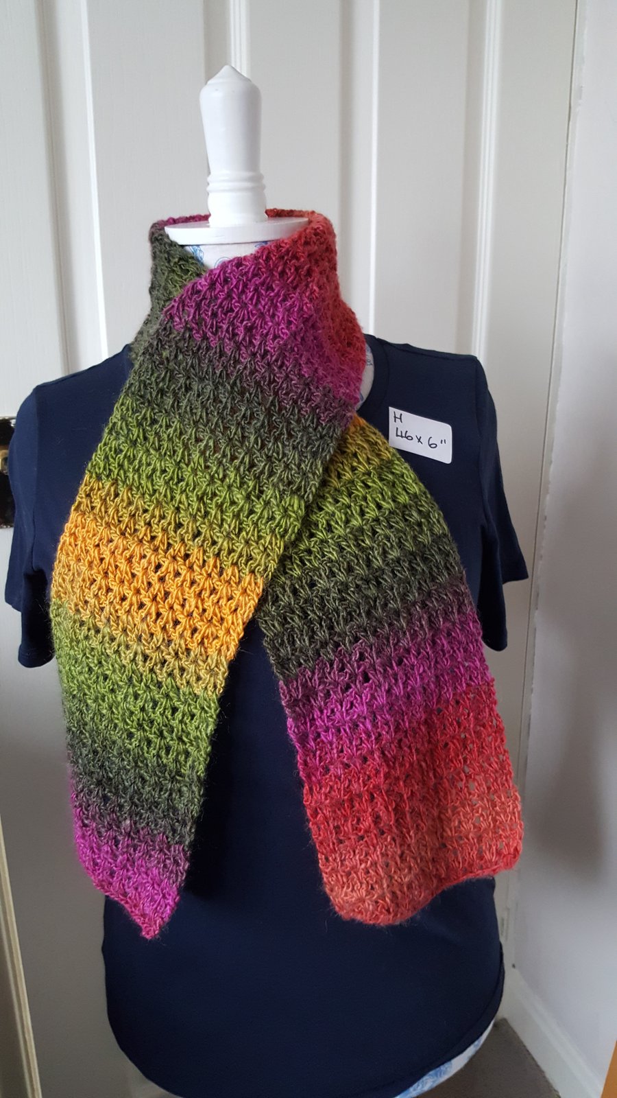multicoloured lightweight lacy crocheted scarf, 46 x 6 inches