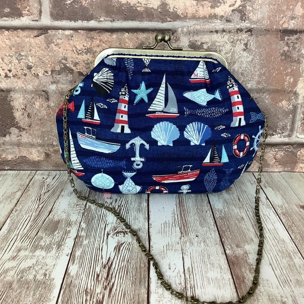 Seaside nautical small fabric frame clutch makeup bag handbag purse